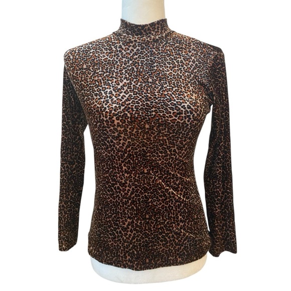 Monkey Wear Womens Vintage Velour Mock Turtleneck Cheetah Print Top - Picture 1 of 6
